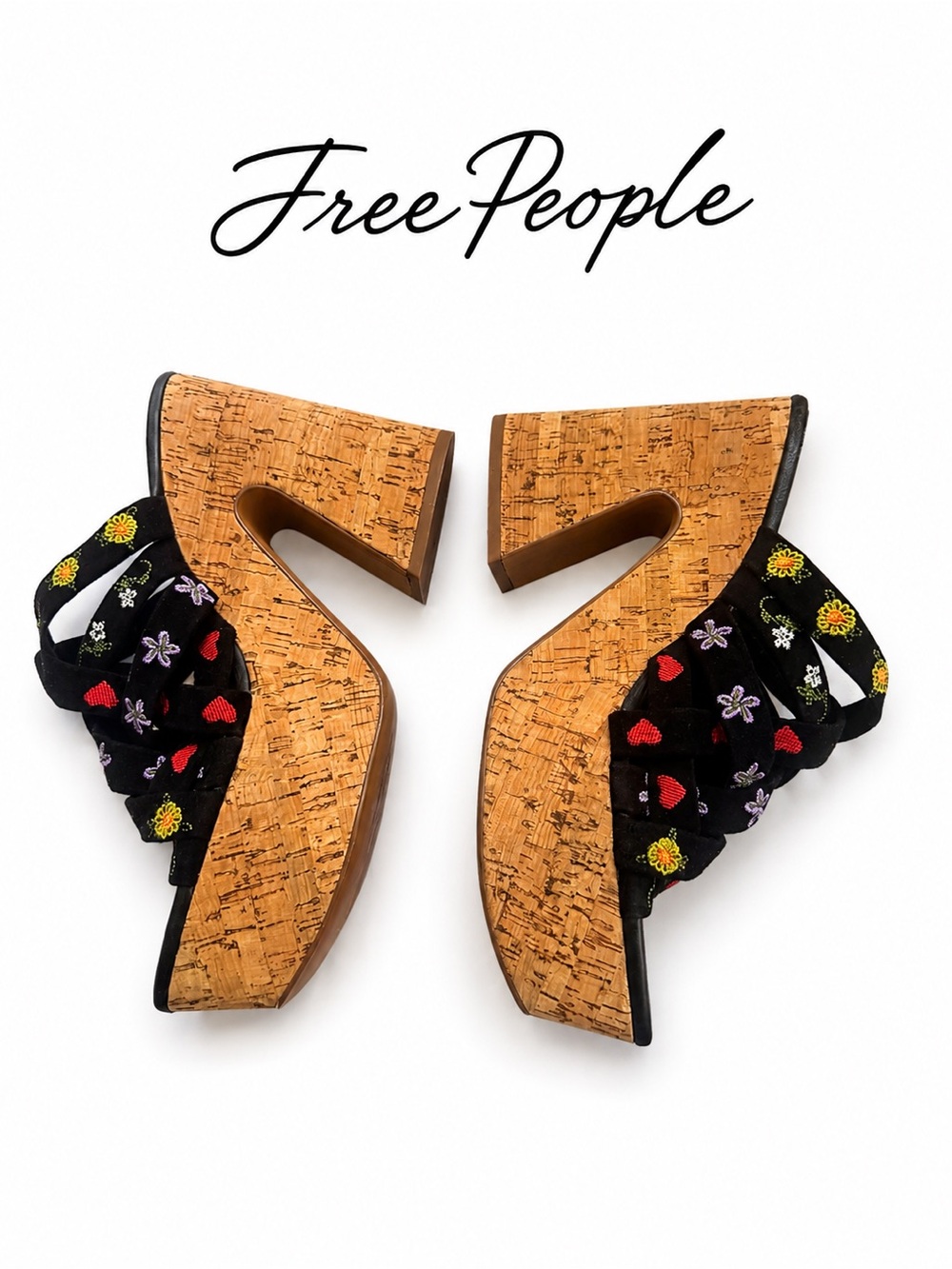 Free People Lisbon Platform Mules Black Floral Embroidered Cork Heels EU 39